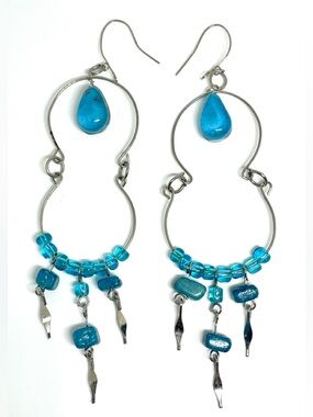 Vintage Turquoise Blue Stone and Glass Peruvian Style Fringe Dangle Earrings 4”